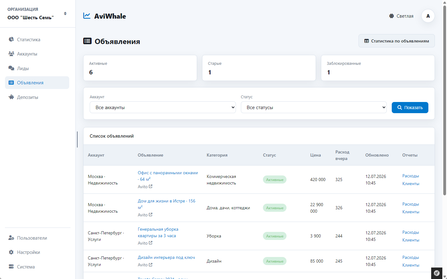 Управление объявлениями в AviWhale